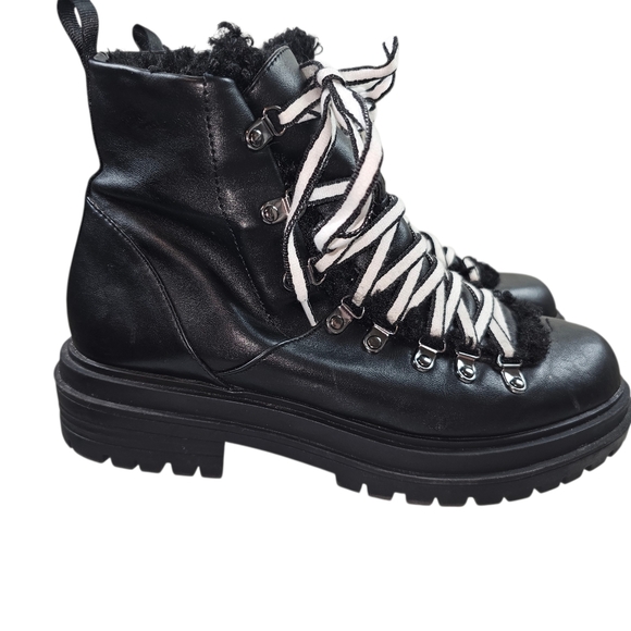Express Shoes - Express Sherpa Lined Black Combat Moto Boots In 8